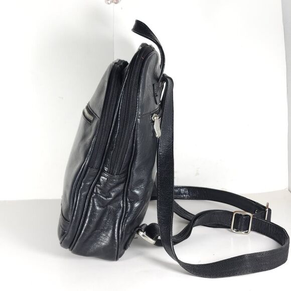 Ashwood Black Glazed Leather Medium Multi Compartments Purse Handbag Backpack - Picture 4 of 16